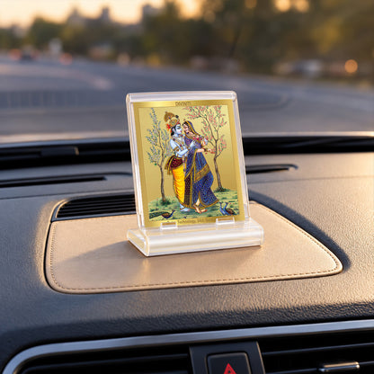 24K Gold-Plated Radha Krishna with Peacock Acrylic Car Dashboard Frame | 6x5 CM