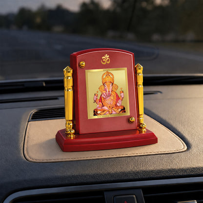 24K Gold-Plated Dagadu Ganesha MDF Car Dashboard Frame | 7.5x9 CM