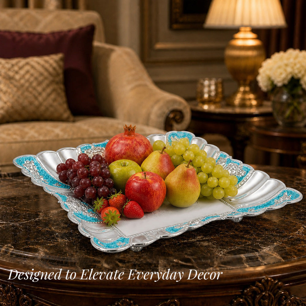 Diviniti Turquoise German Silver Decorative Platter with fruits, elevating everyday decor.