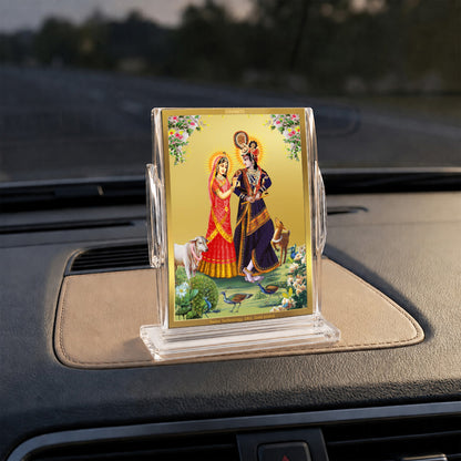 24K Gold-Plated Radha Krishna with Cow Acrylic Car Dashboard Frame | 11x7 CM