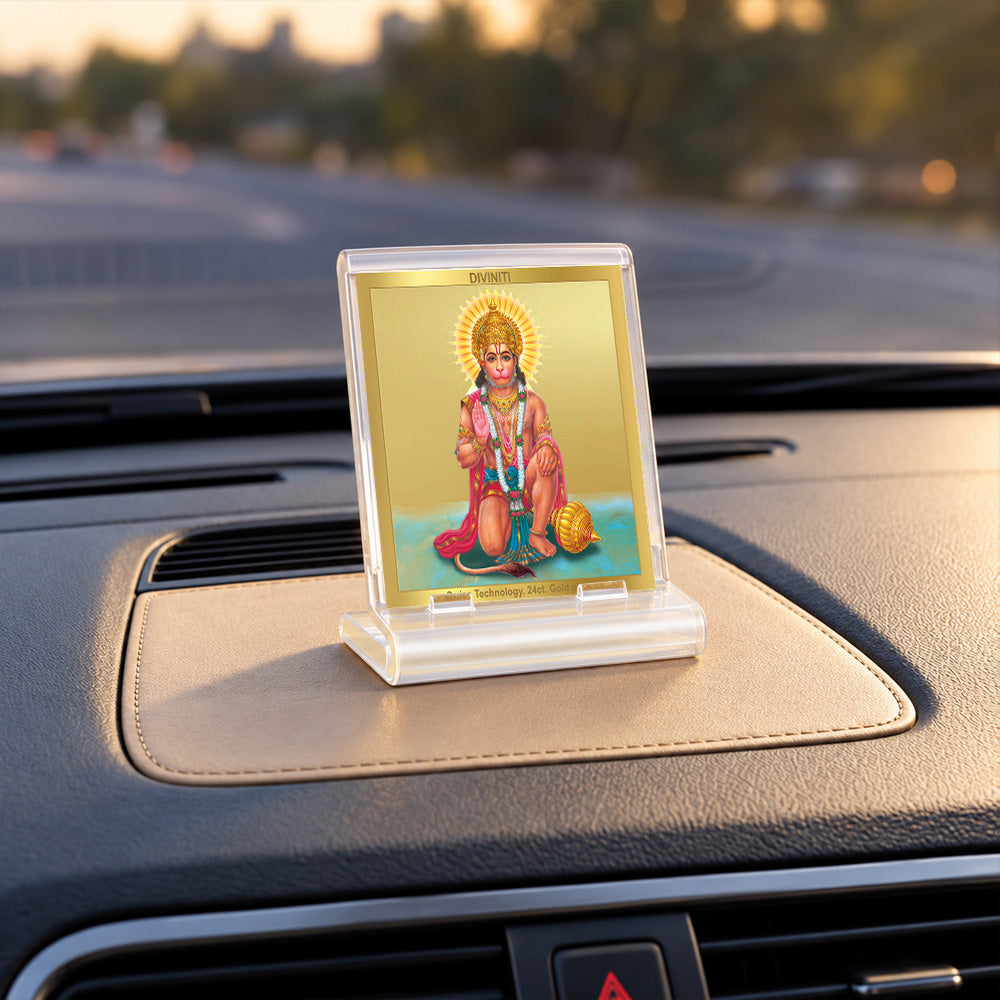 24K Gold-Plated Lord Hanuman Acrylic Car Dashboard Frame | 6x5 CM