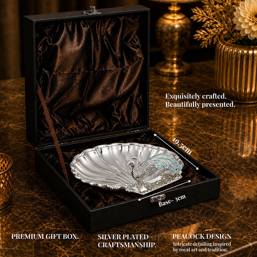 Diviniti Peacock German Silver Dry Fruit Bowl with Gift Box elegantly presented with luxury gift box.