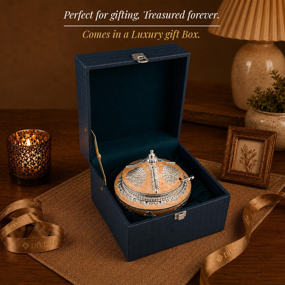 Diviniti Silver-Plated Decorative Sugar Pot with Lid | Luxury Peach Enamel Bowl for Sugar, Mishri, Dry Fruits & Premium Gifting