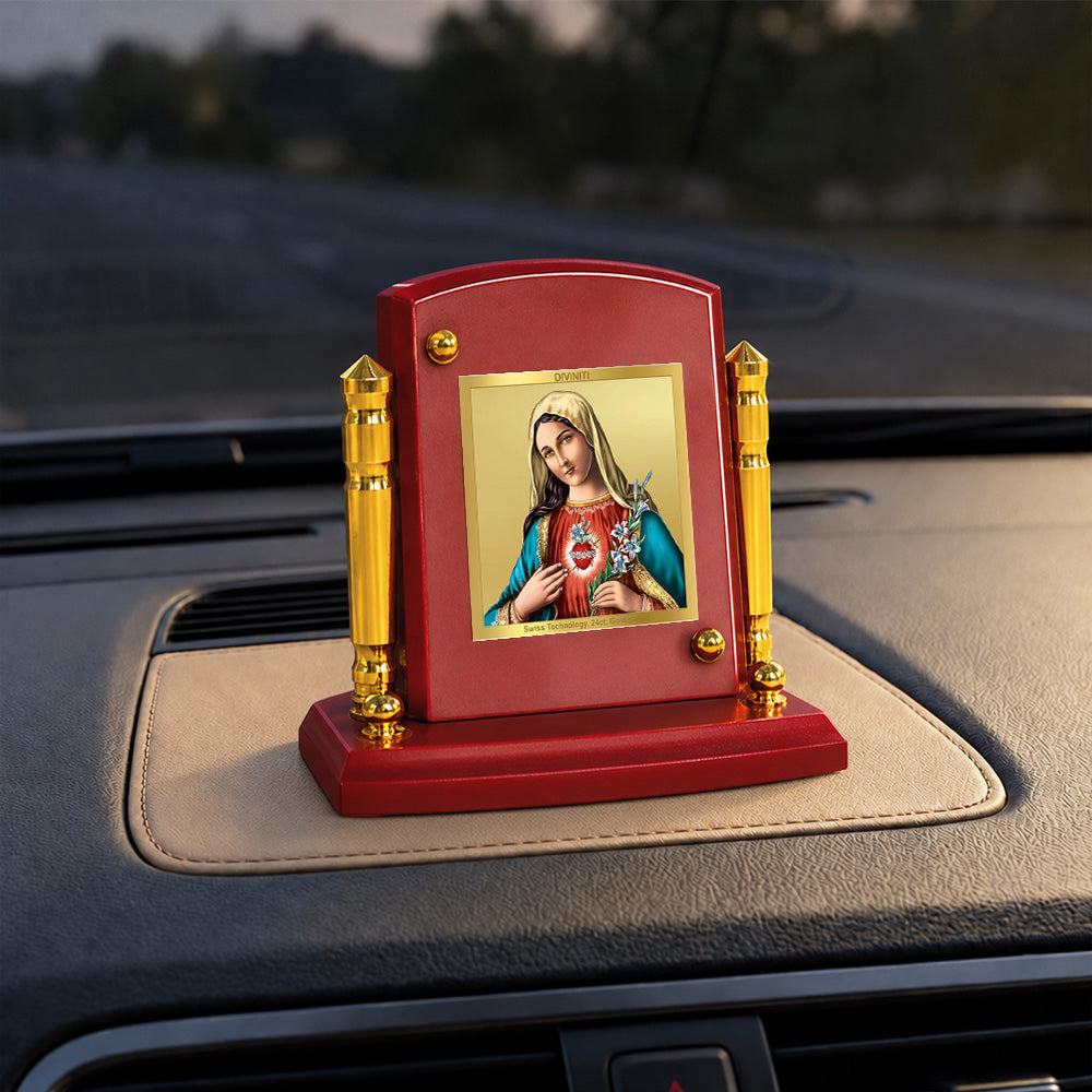 24K Gold-Plated Mother Mary MDF Car Dashboard Frame | 7.5x9 CM