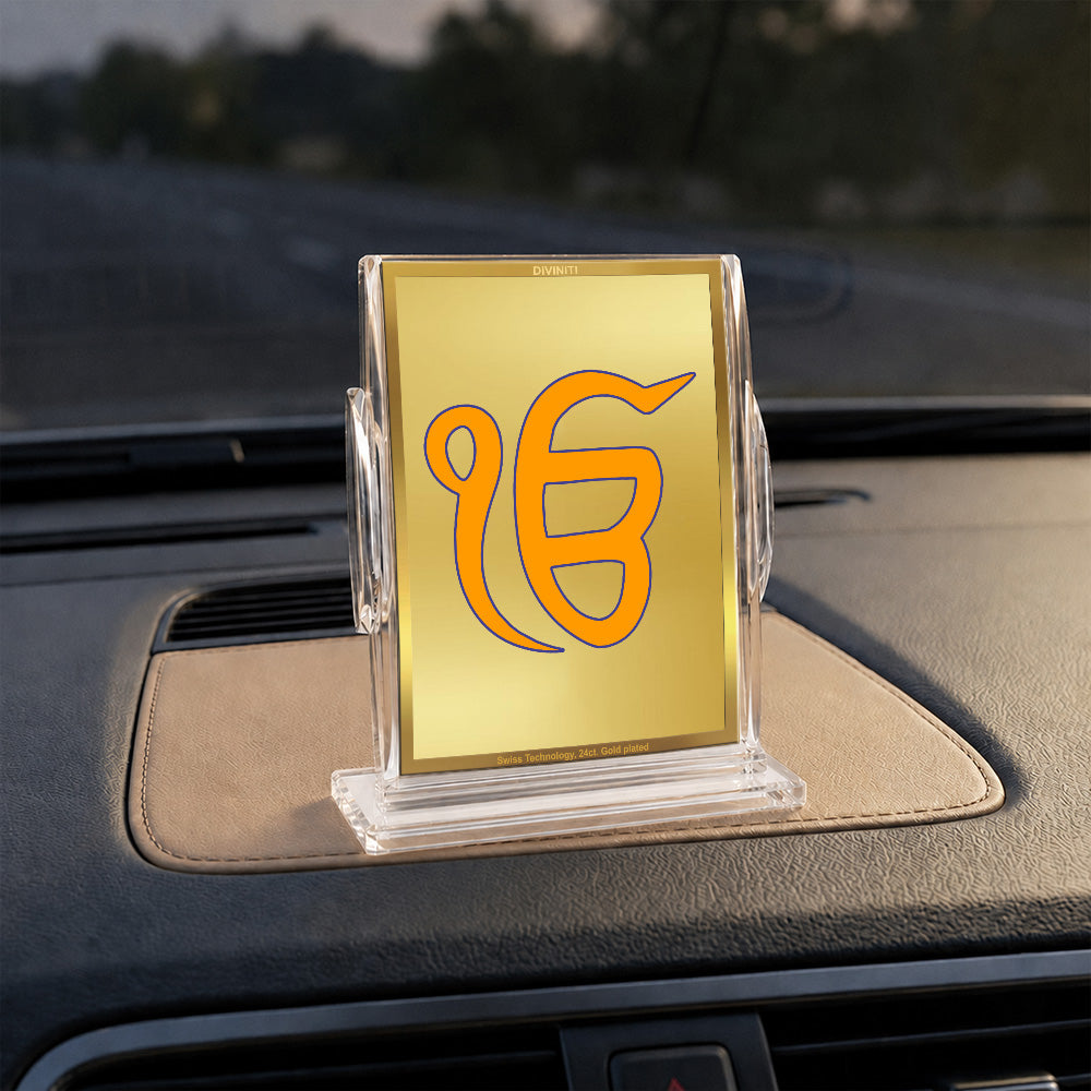 24K Gold-Plated Ik Onkar Acrylic Car Dashboard Frame | 11x7 CM
