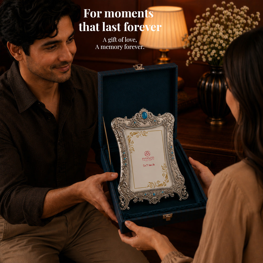 Diviniti Antique Silver-Plated Ornate Photo Frame with Turquoise Stone Accents | Luxury Vintage Tabletop Picture Frame | 5 x 7 Inch