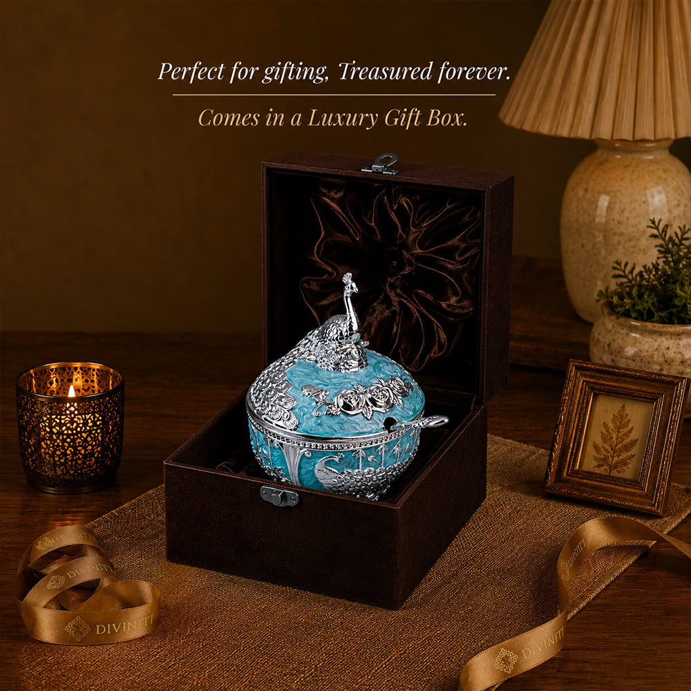 Diviniti Luxury Silver-Plated Peacock Sugar Bowl | Turquoise Lidded Serving Pot for Festive & Wedding Gifting
