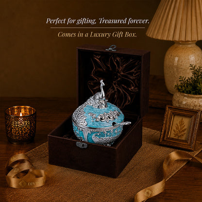 Diviniti Luxury Silver-Plated Peacock Sugar Bowl | Turquoise Lidded Serving Pot for Festive & Wedding Gifting