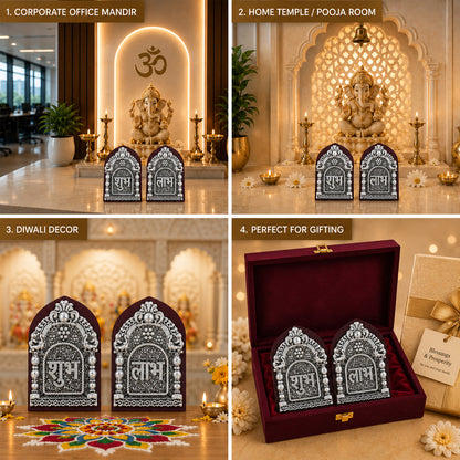 999 Silver-Plated Antique Subh Labh Pair | Premium Gift Box | 11x8 CM
