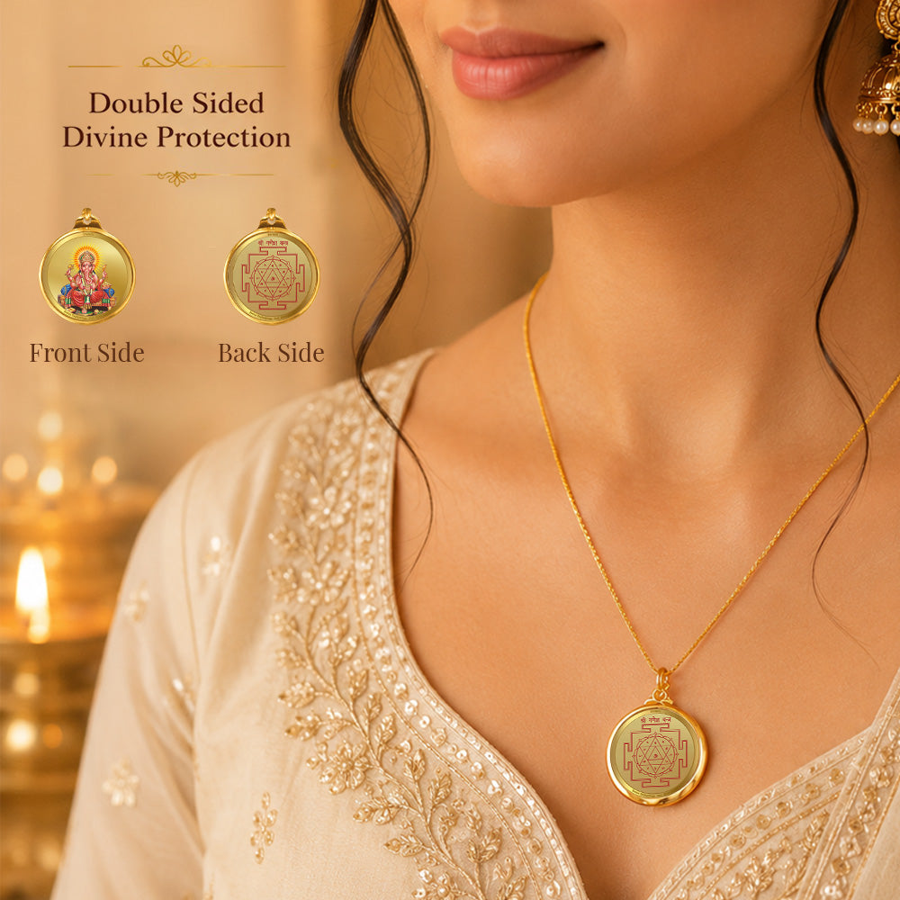 Diviniti 24K Double sided Gold Plated Pendant Ganesha & Yantra | 18MM Flip Coin
