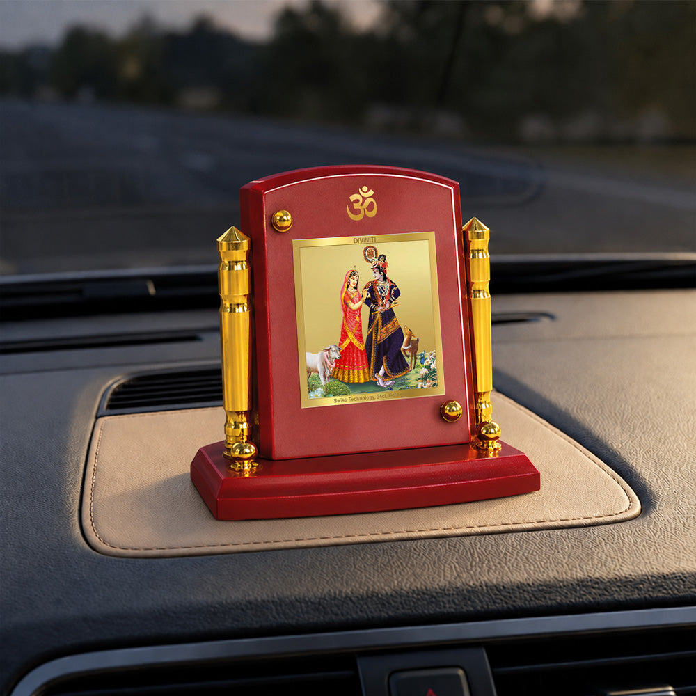 24K Gold-Plated Radha Krishna with Cow MDF Car Dashboard Frame | 7.5x9 CM