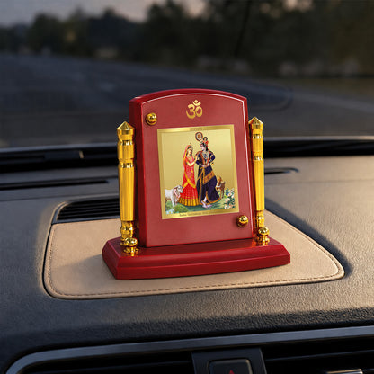 24K Gold-Plated Radha Krishna with Cow MDF Car Dashboard Frame | 7.5x9 CM