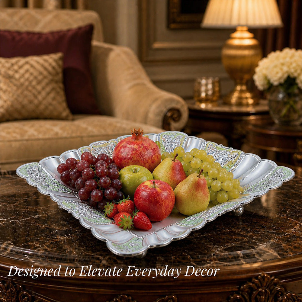 Diviniti Green German Silver Decorative Platter with fruits, perfect for enhancing everyday decor.