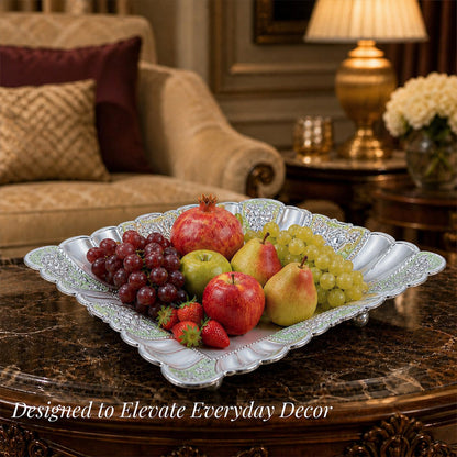 Diviniti Green German Silver Decorative Platter with fruits, perfect for enhancing everyday decor.