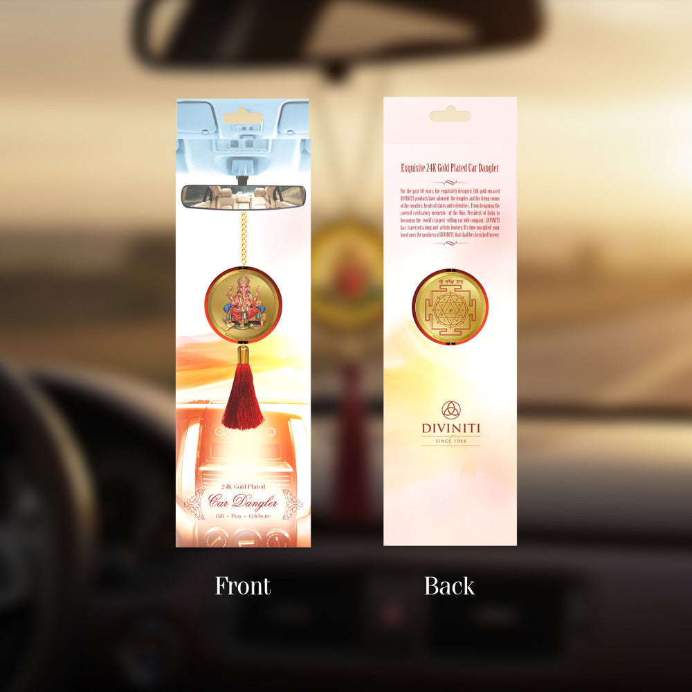 Diviniti 24K Gold Plated Double Sided Ganesha & Yantra Car Dangler|5.5 CM Ganesha Hanging Car Decor|Luxurious 24K Gold Plated Dangler For Car|Divine Car Accessories For Positive Energy & Protection