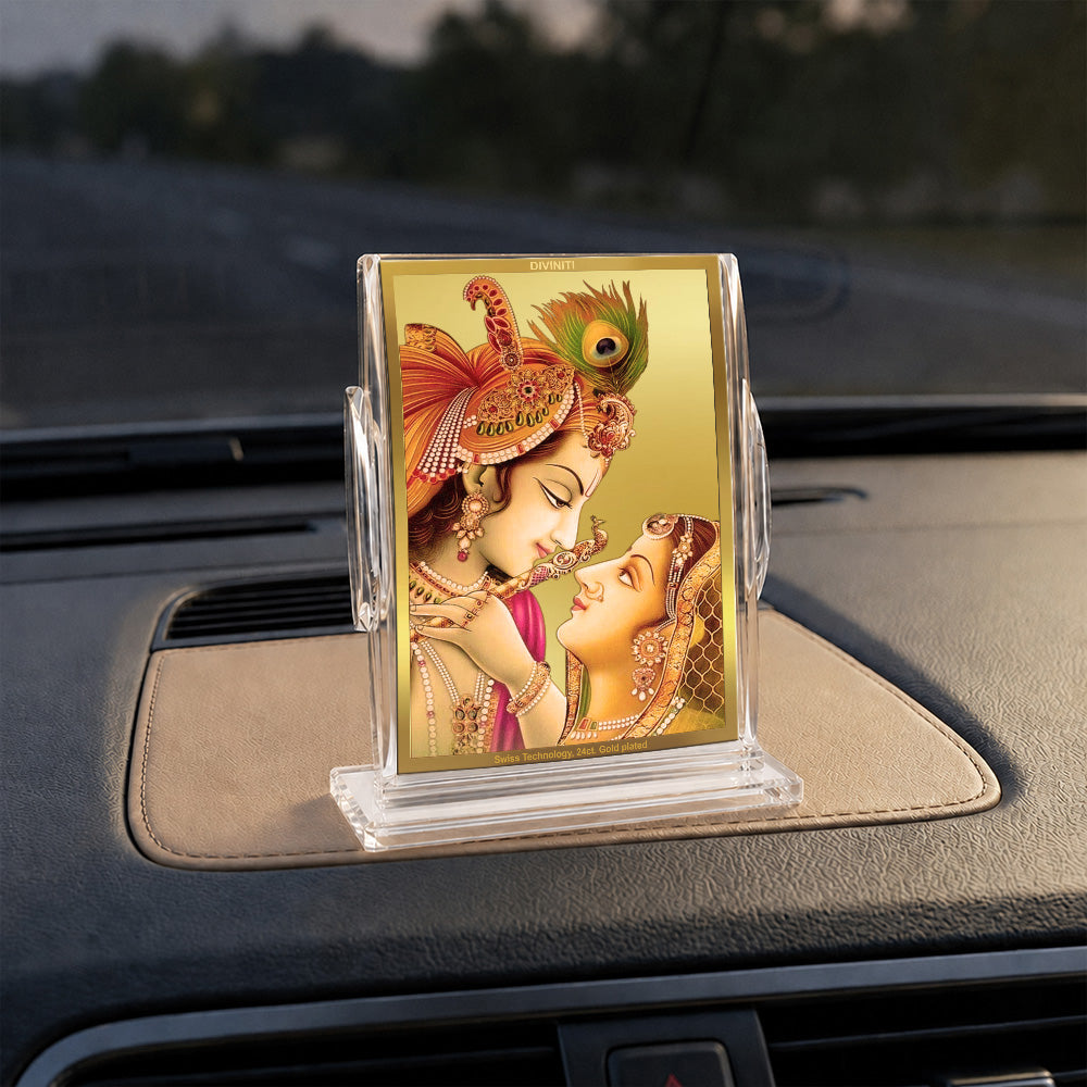 24K Gold-Plated Radha Krishna Acrylic Car Dashboard Frame | 11x7 CM