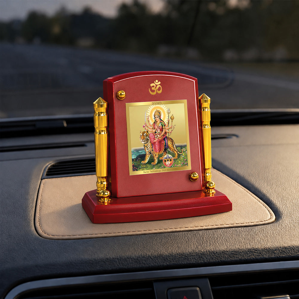 24K Gold-Plated Durga Sherawali Mata with Pindi MDF Car Dashboard Frame | 7.5x9 CM