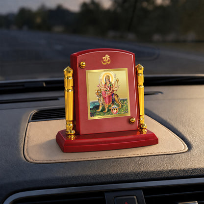 24K Gold-Plated Durga Sherawali Mata with Pindi MDF Car Dashboard Frame | 7.5x9 CM