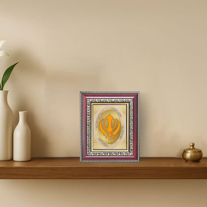 Khanda Sahib Sacred Sikh Symbol Divine Faith & Strength Royal Tabletop Frame in 24K Gold Plated Foil