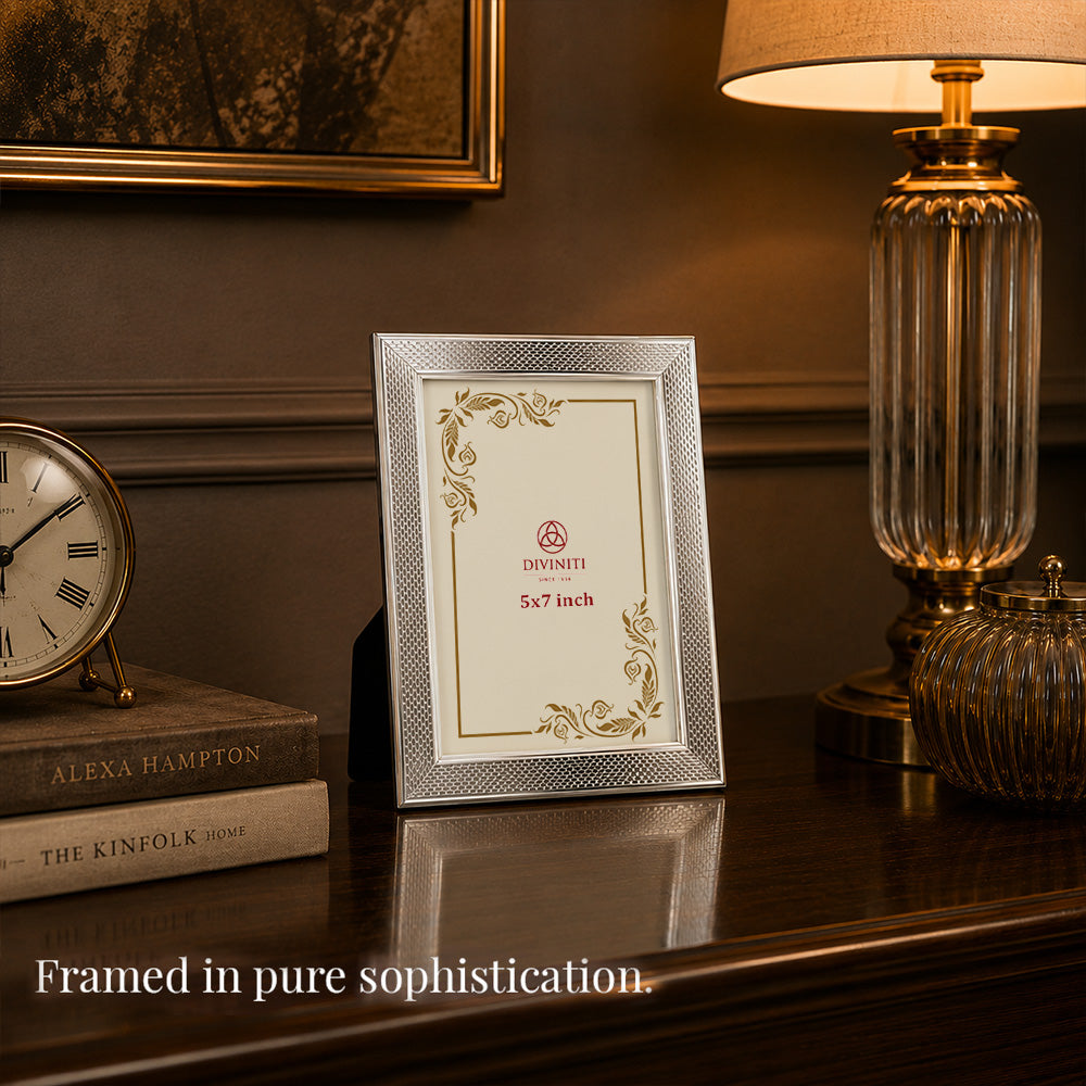 Diviniti Silver-Plated Decorative Photo Frame | Elegant Textured Tabletop Frame | 15 x 20 cm