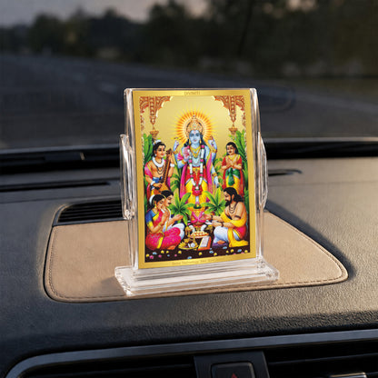 24K Gold-Plated Lord Satyanarayan Acrylic Car Dashboard Frame | 11x7 CM