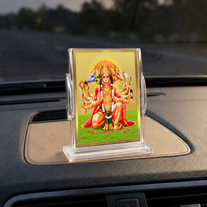 24K Gold-Plated Panchmukhi Hanuman Acrylic Car Dashboard Frame | 11x7 CM