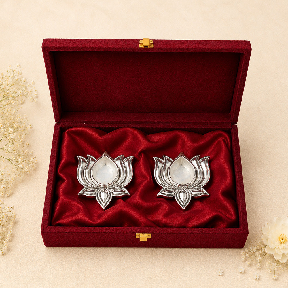 Diviniti 999 Silver Plated Lotus Diya Set of 2 with Luxury Gift Box | Antique Finish Home & Festive Décor