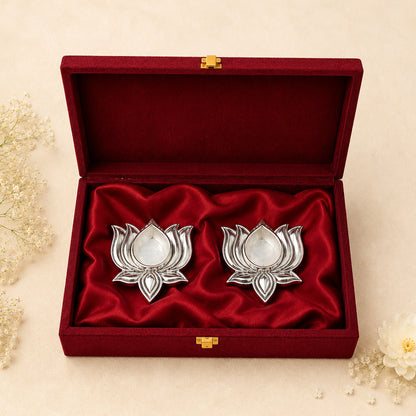 Diviniti 999 Silver Plated Lotus Diya Set of 2 with Luxury Gift Box | Antique Finish Home & Festive Décor