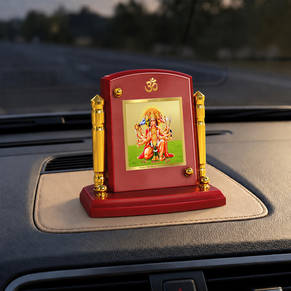 24K Gold-Plated Panchmukhi Hanuman MDF Car Dashboard Frame | 7.5x9 CM