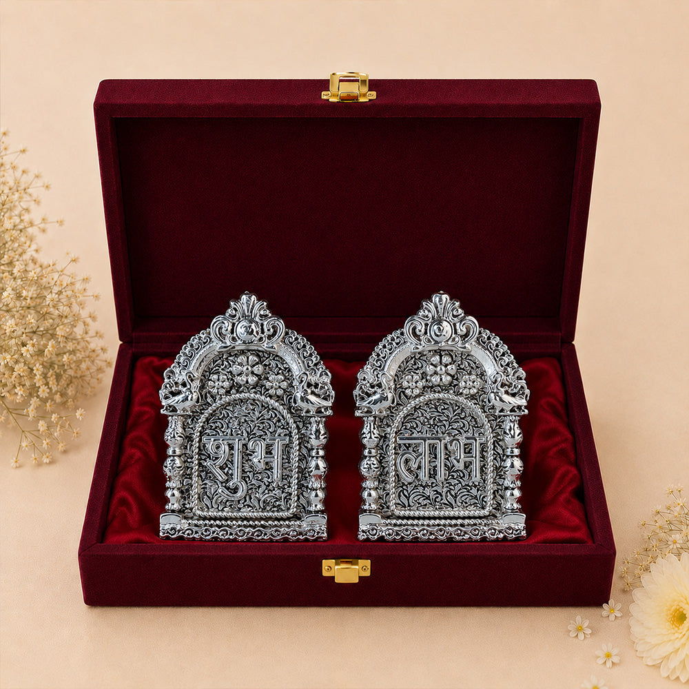 Diviniti 999 Silver Plated Subh Labh Set With Gift Box | Antique Finish Divine Décor