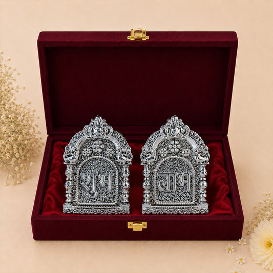 Diviniti 999 Silver Plated Subh Labh Set With Gift Box | Antique Finish Divine Décor