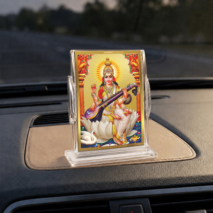 24K Gold-Plated Goddess Saraswati Acrylic Car Dashboard Frame | 11x7 CM