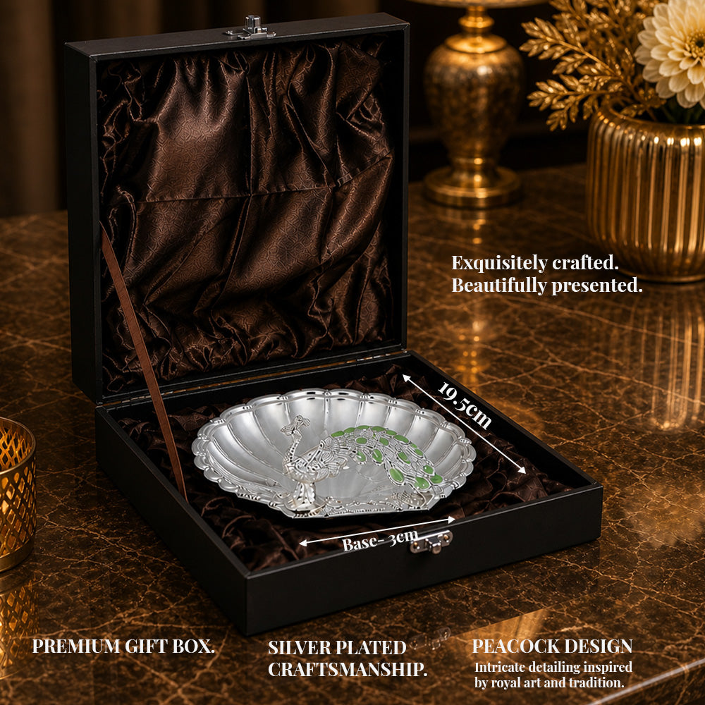 Diviniti Green Peacock German Silver Dry Fruit Bowl with Gift Box showcasing exquisite craftsmanship and peacock design.