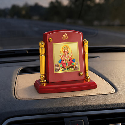 24K Gold-Plated Lord Ganesha MDF Car Dashboard Frame | 7.5x9 CM