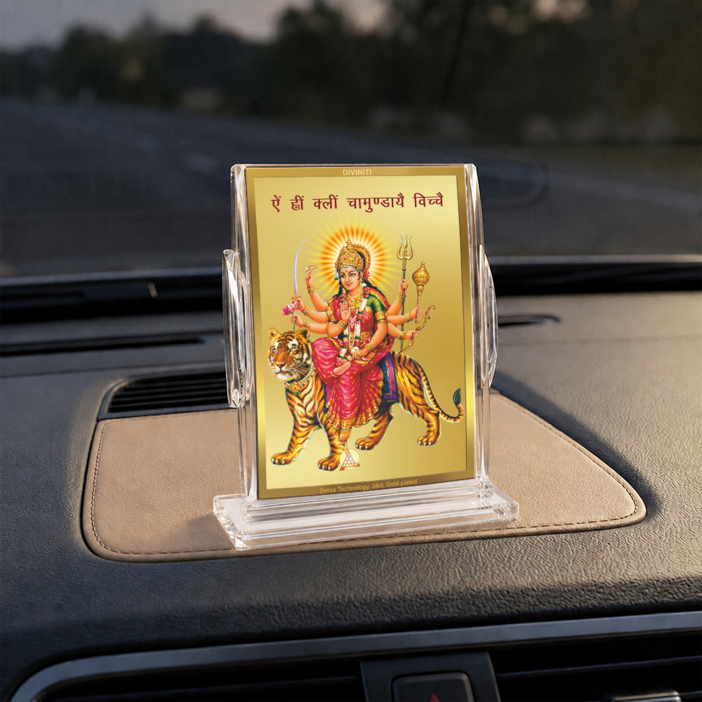 24K Gold-Plated Durga Ji Acrylic Car Dashboard Frame | 11x7 CM