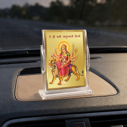 24K Gold-Plated Durga Ji Acrylic Car Dashboard Frame | 11x7 CM