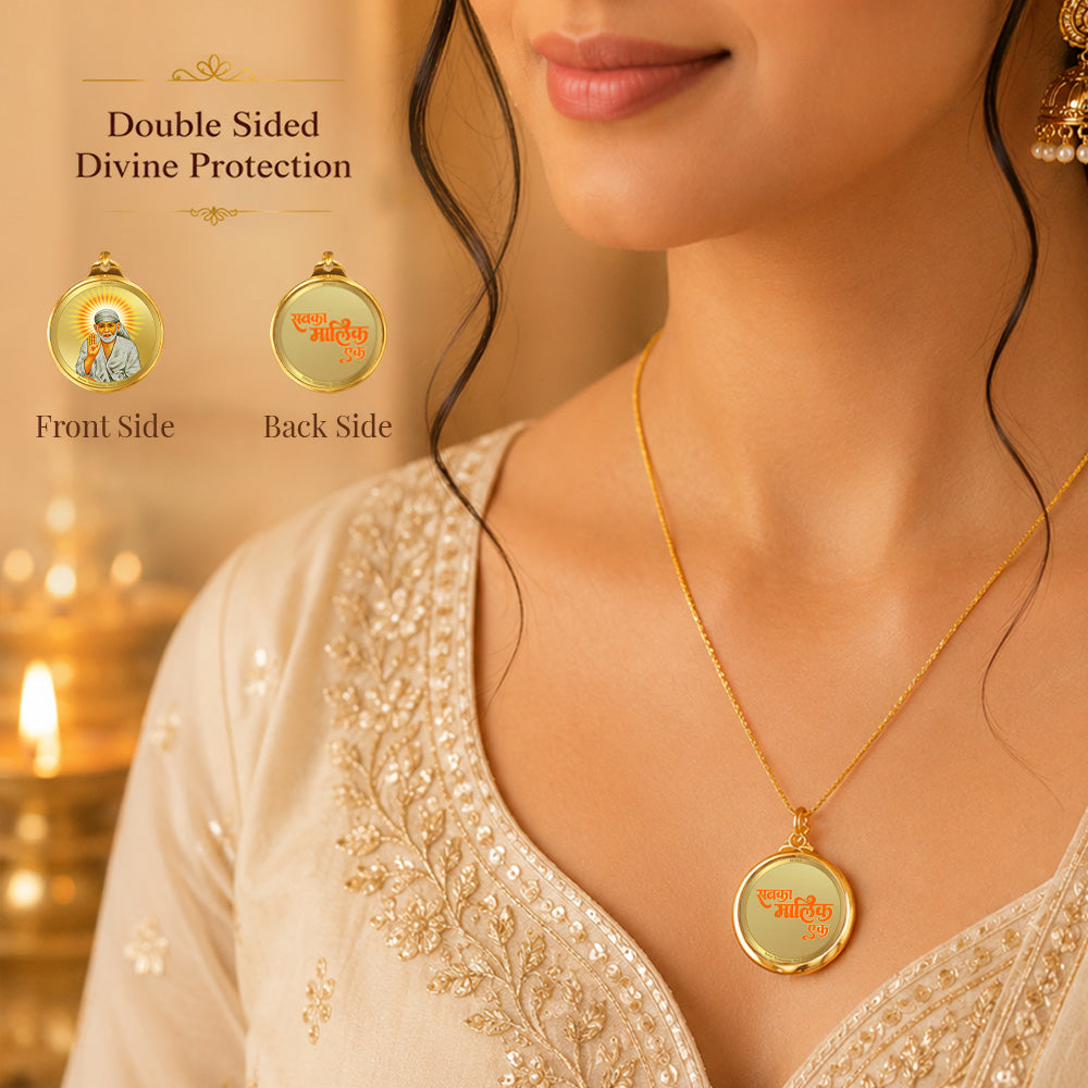 Diviniti 24K Gold Plated Sai Baba & Om 18MM Double Sided Pendant For Men, Women & Kids
