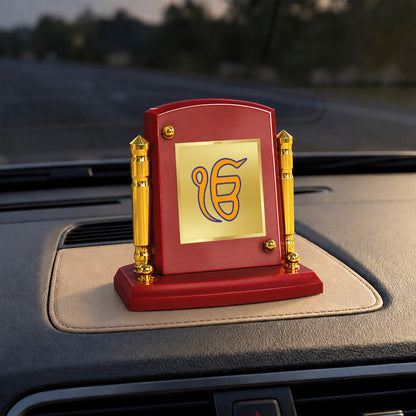 24K Gold-Plated Ik Onkar MDF Car Dashboard Frame | 7.5x9 CM
