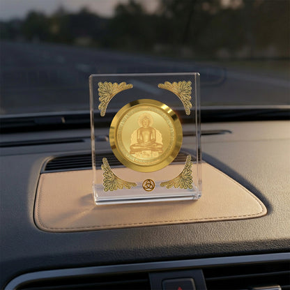 Lord Mahavir car dashboard frame in crystal-clear acrylic with gold detailing on a car interior