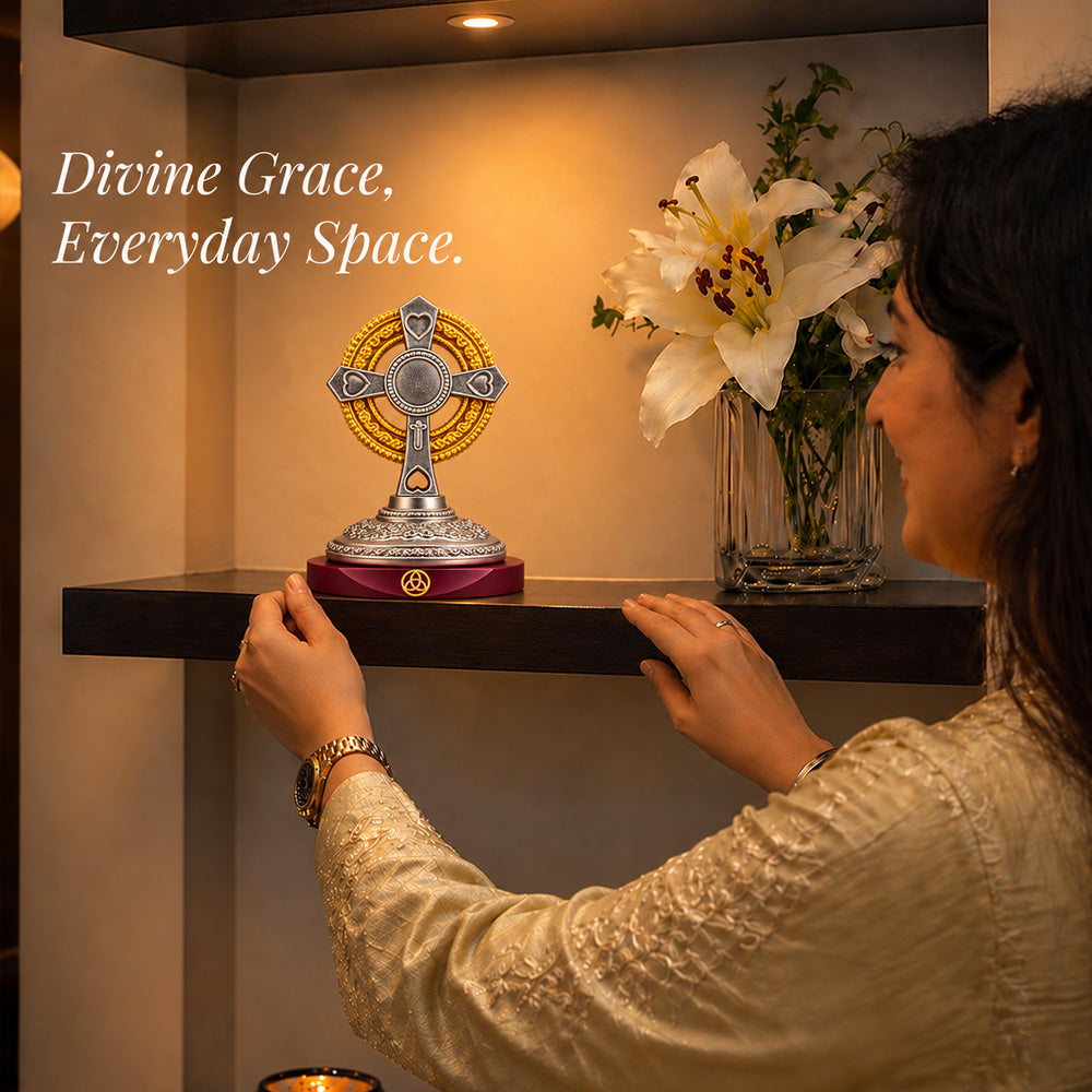 24K Gold & Silver-Plated Holy Cross Resin Idol for Home & Office | Premium Gift Box | 8.5x6.5 CM