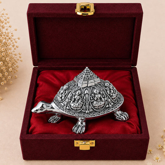 999 Silver-Plated Antique Ashta Lakshmi Tortoise | Premium Gift Box | 4x8 CM