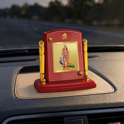 24K Gold-Plated Lord Murugan MDF Car Dashboard Frame | 7.5x9 CM