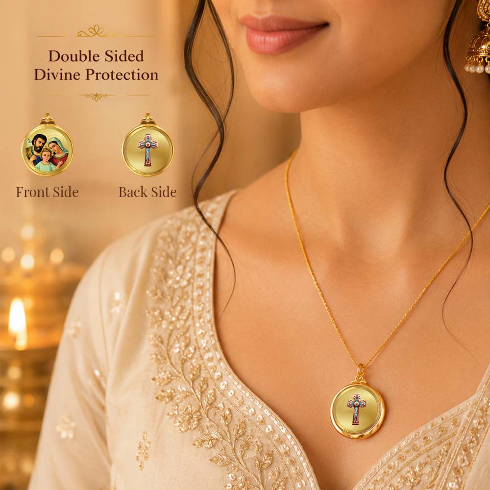 Diviniti 24K Double sided Gold Plated Pendant Holy Family & Holy Cross | 22MM Flip Coin