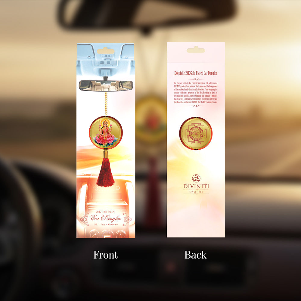 Diviniti 24K Gold Plated Double Sided Lakshmi & Yantra Car Dangler| 6CM Lakshmi Hanging Car Decor| Luxurious Dangler For Car| Divine Car Accessories For Positive Energy
