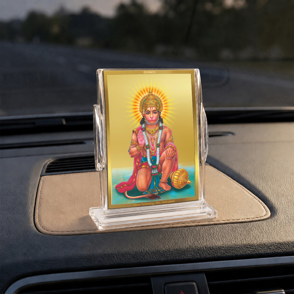 24K Gold-Plated Lord Hanuman Acrylic Car Dashboard Frame | 11x7 CM