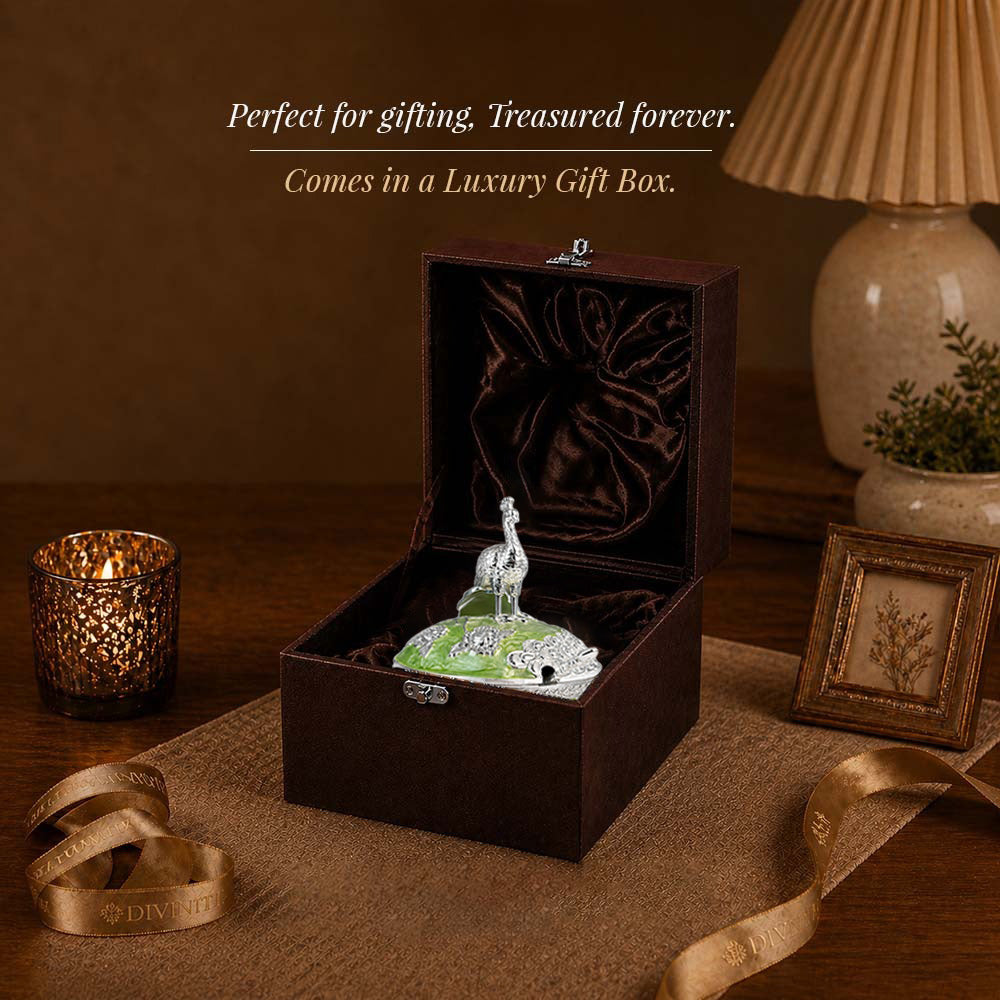 Diviniti German Silver Peacock Sugar Bowl with Spoon in luxury gift box, perfect for gifting.