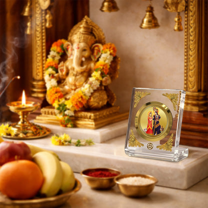 24K Gold Plated Radha Krishna With Cow Acrylic Car Dashboard Frame | 8x7 CM
