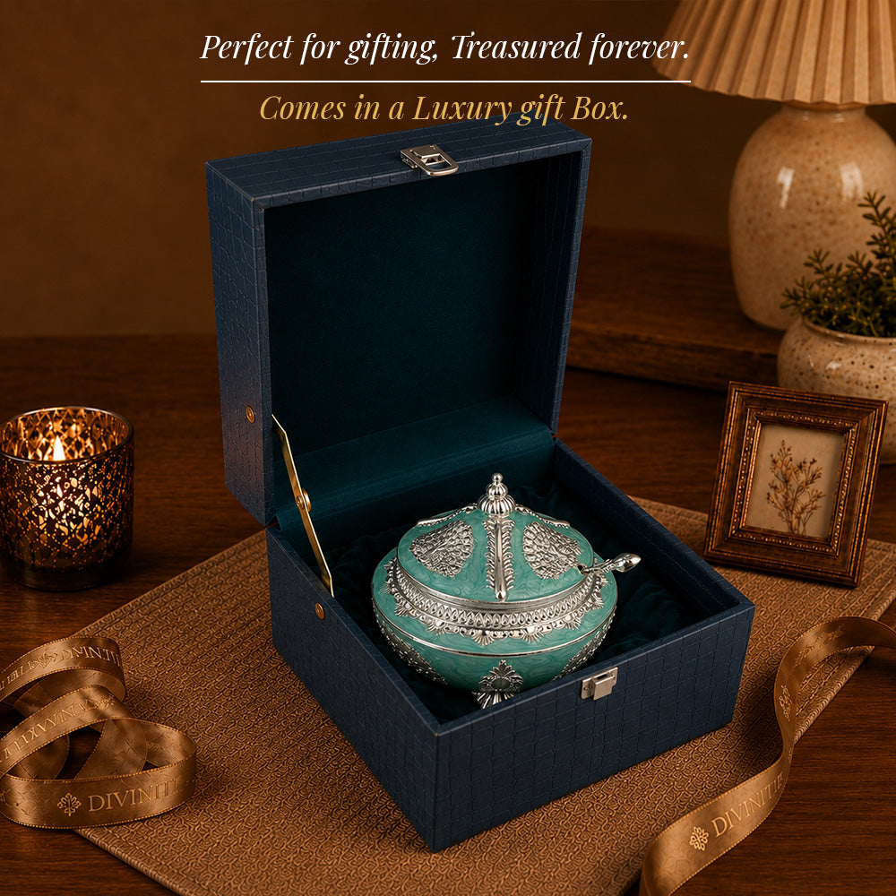 Diviniti Premium Silver-Plated Decorative Sugar Pot | Turquoise Enamel Lidded Bowl for Festive Serving & Home Décor