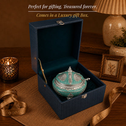 Diviniti Premium Silver-Plated Decorative Sugar Pot | Turquoise Enamel Lidded Bowl for Festive Serving & Home Décor