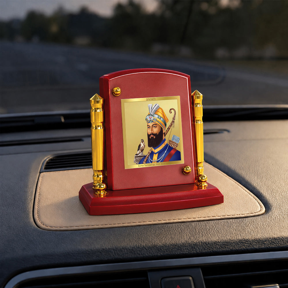 24K Gold-Plated Guru Gobind Singh Ji MDF Car Dashboard Frame | 7.5x9 CM